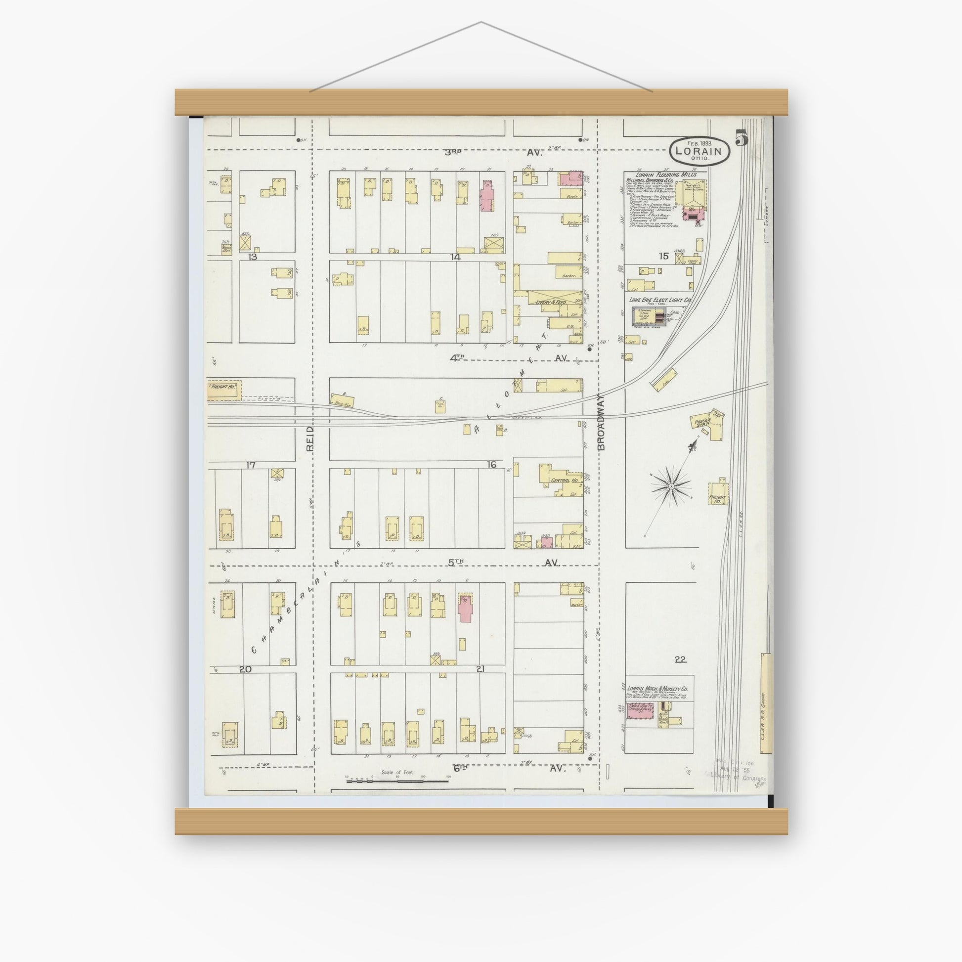 Old map wall art mockup — magnetic wood frame on white wall — Sanborn Fire Insurance Map from Lorain, Lorain County, Ohio (1893), Sheet #0005
