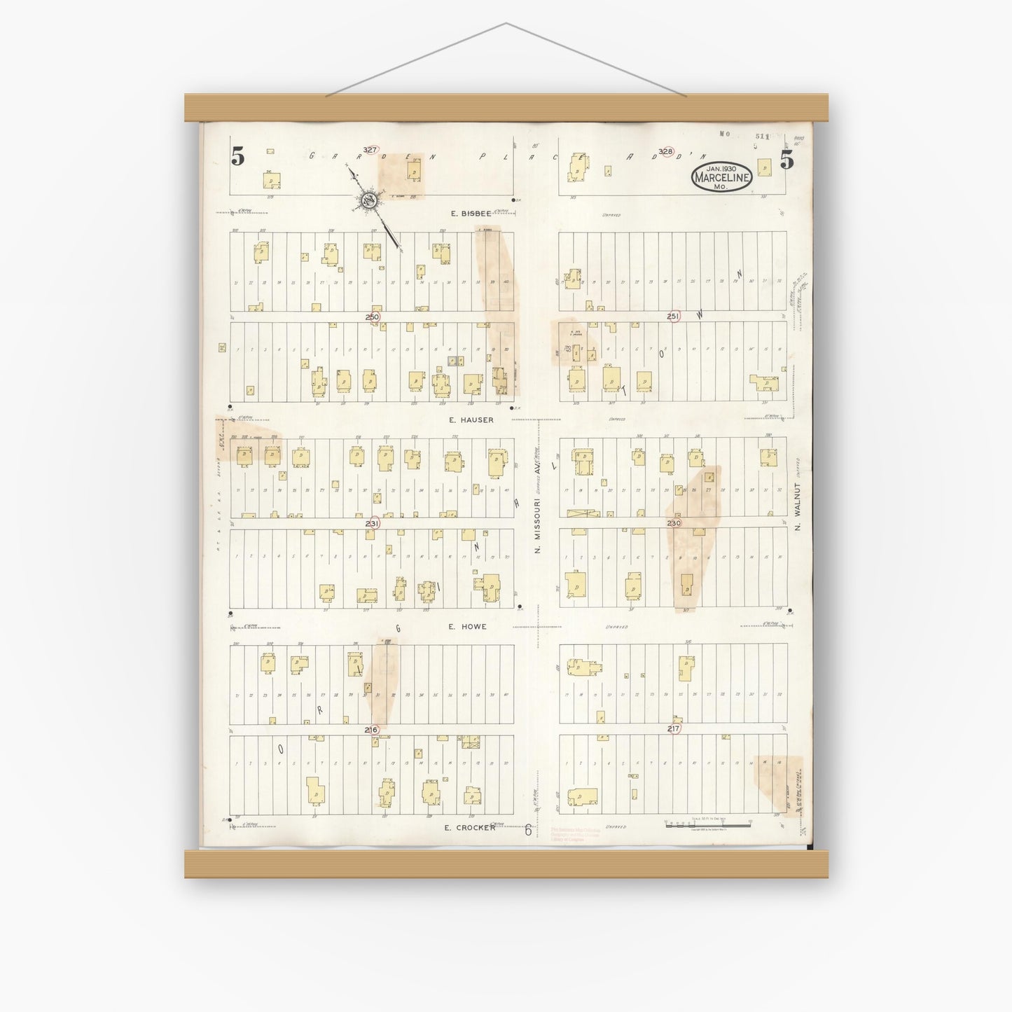 Old map wall art mockup — magnetic wood frame on white wall — Sanborn Fire Insurance Map from Marceline, Linn County, Missouri (1939), Sheet #0005
