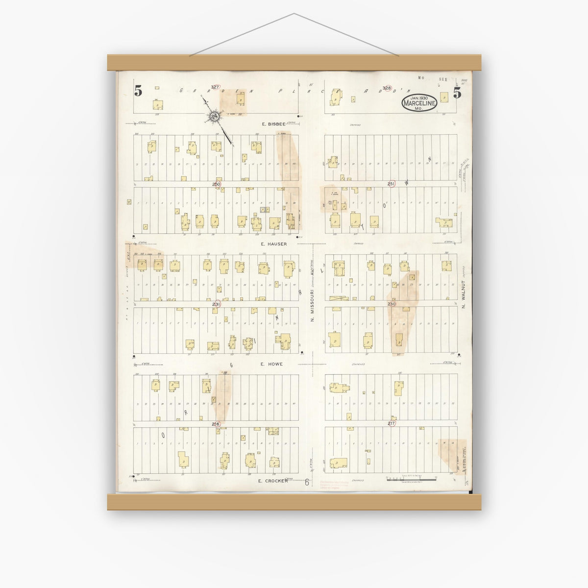 Old map wall art mockup — magnetic wood frame on white wall — Sanborn Fire Insurance Map from Marceline, Linn County, Missouri (1939), Sheet #0005