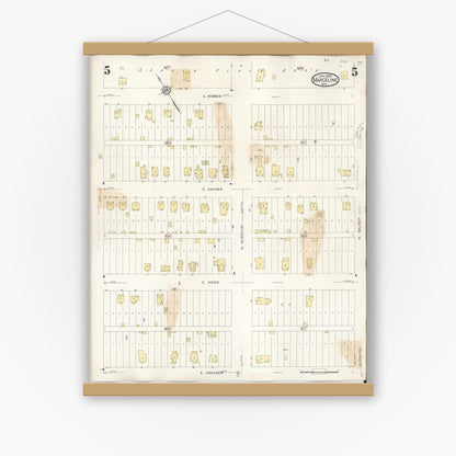 Old map wall art mockup — magnetic wood frame on white wall — Sanborn Fire Insurance Map from Marceline, Linn County, Missouri (1939), Sheet #0005