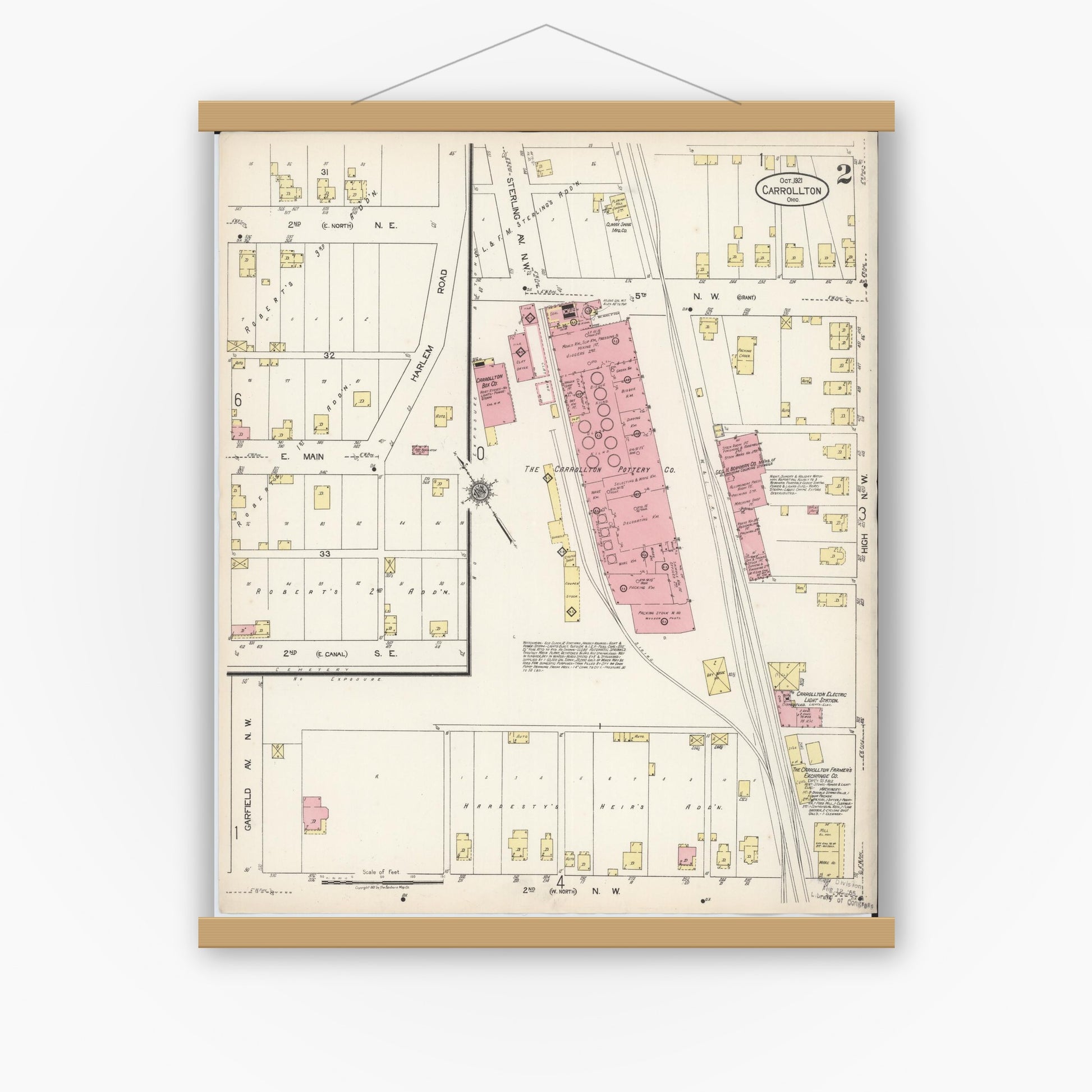 Old map wall art mockup — magnetic wood frame on white wall — Sanborn Fire Insurance Map from Carrollton, Carroll County, Ohio (1921), Sheet #0002