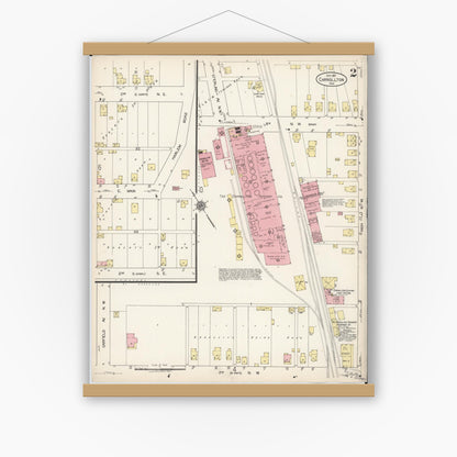 Old map wall art mockup — magnetic wood frame on white wall — Sanborn Fire Insurance Map from Carrollton, Carroll County, Ohio (1921), Sheet #0002