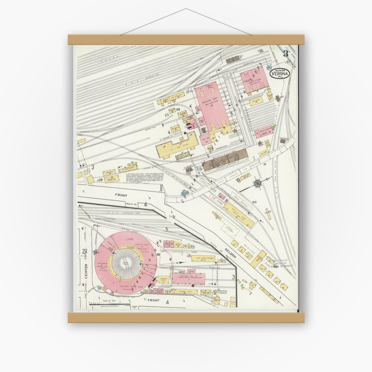 Old map wall art mockup — magnetic wood frame on white wall — Sanborn Fire Insurance Map from Verona, Allegheny County, Pennsylvania (1919), Sheet #0003