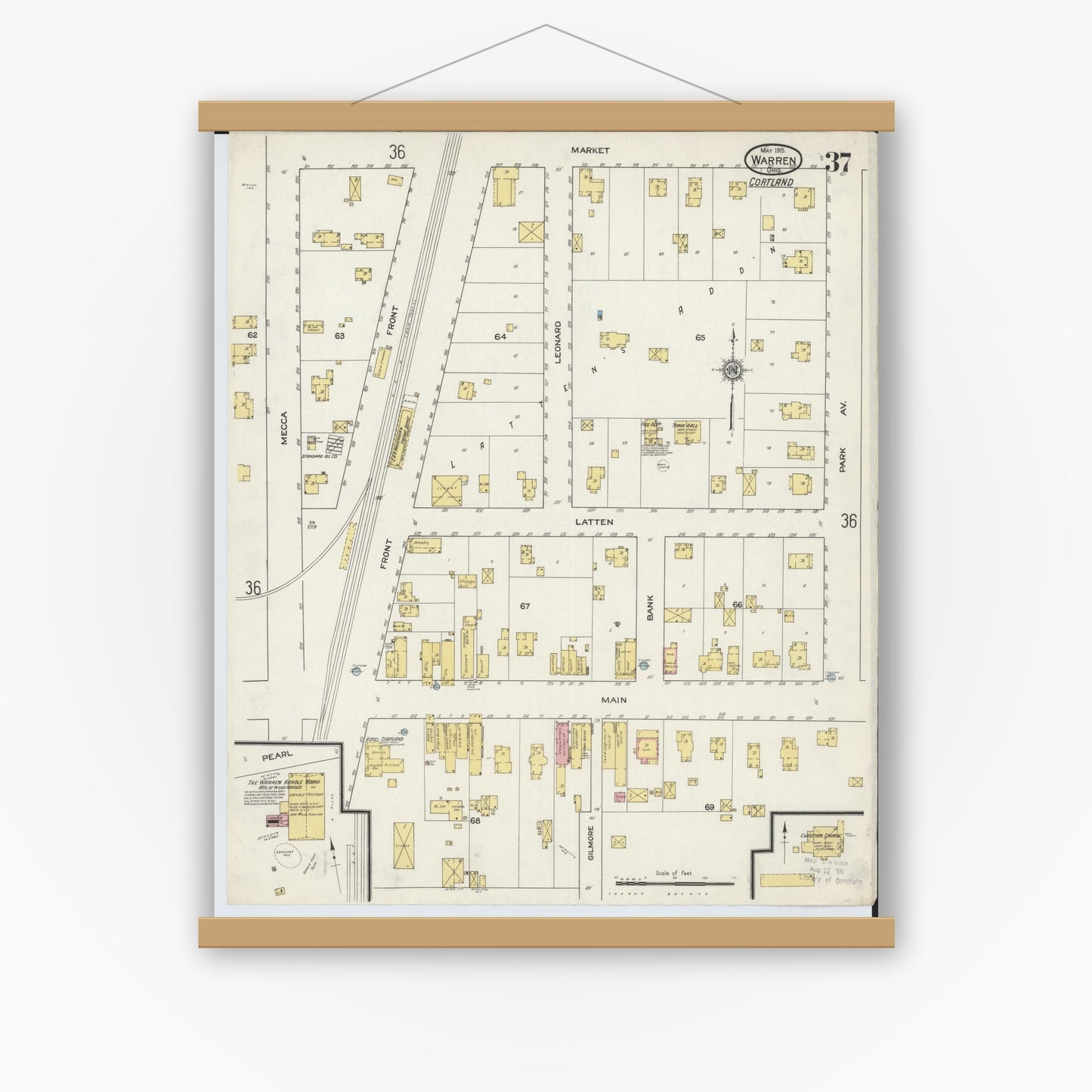 Old map wall art mockup — magnetic wood frame on white wall — Sanborn Fire Insurance Map from Warren, Trumbull County, Ohio (1915), Sheet #0037
