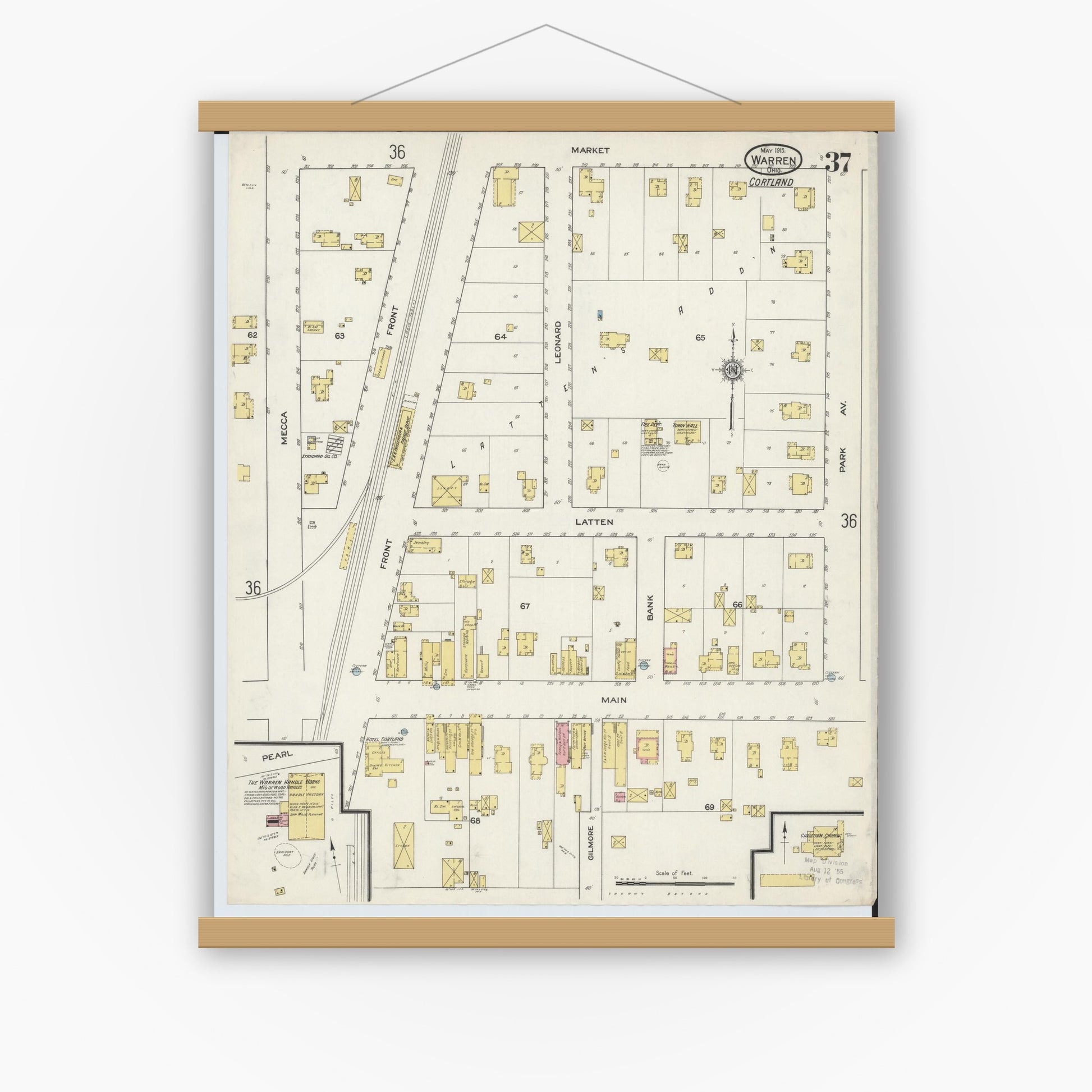 Old map wall art mockup — magnetic wood frame on white wall — Sanborn Fire Insurance Map from Warren, Trumbull County, Ohio (1915), Sheet #0037