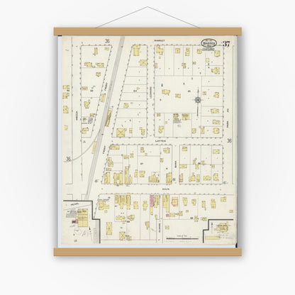 Old map wall art mockup — magnetic wood frame on white wall — Sanborn Fire Insurance Map from Warren, Trumbull County, Ohio (1915), Sheet #0037