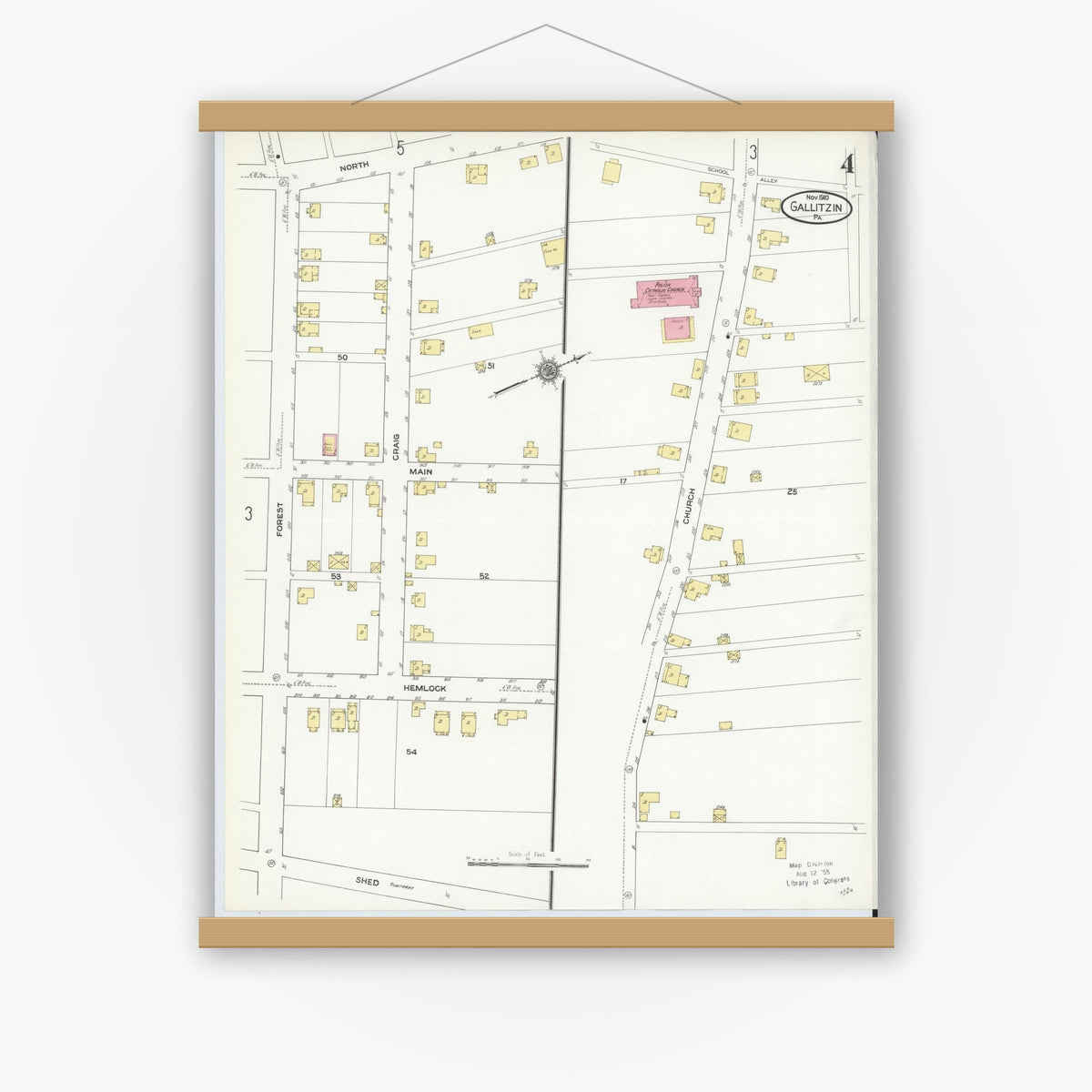 Old map wall art mockup — magnetic wood frame on white wall — Sanborn Fire Insurance Map from Gallitzin, Cambria County, Pennsylvania (1910), Sheet #0004