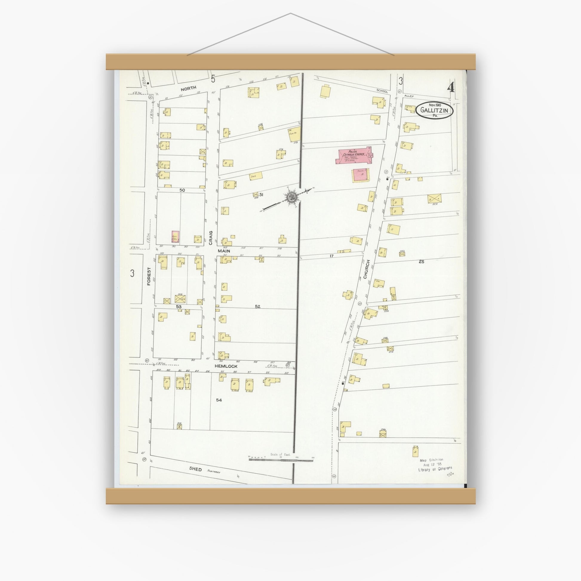 Old map wall art mockup — magnetic wood frame on white wall — Sanborn Fire Insurance Map from Gallitzin, Cambria County, Pennsylvania (1910), Sheet #0004