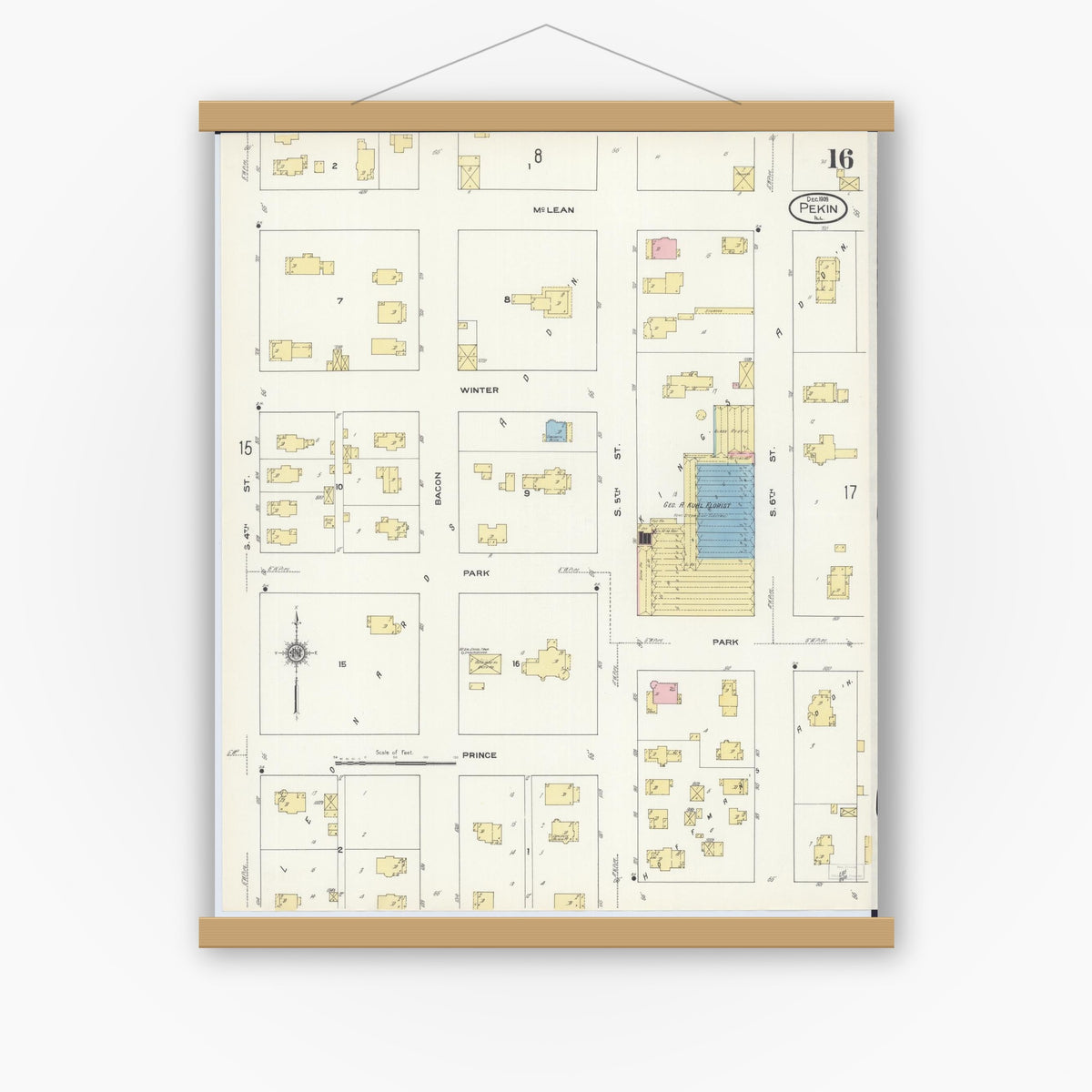 Old map wall art mockup — magnetic wood frame on white wall — Sanborn Fire Insurance Map from Pekin, Tazewell County, Illinois (1909), Sheet #0016