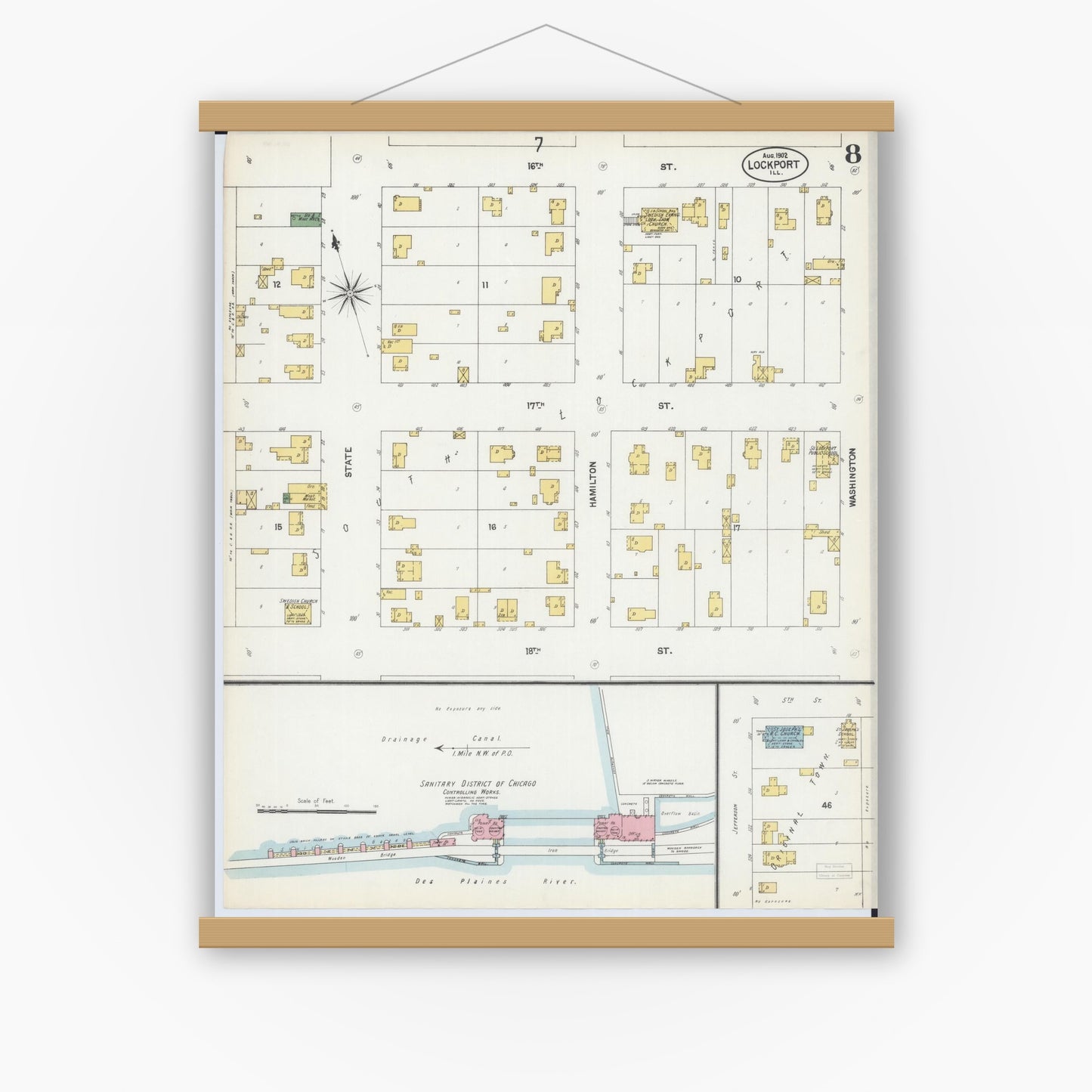 Old map wall art mockup — magnetic wood frame on white wall — Sanborn Fire Insurance Map from Lockport, Will County, Illinois (1902), Sheet #0008