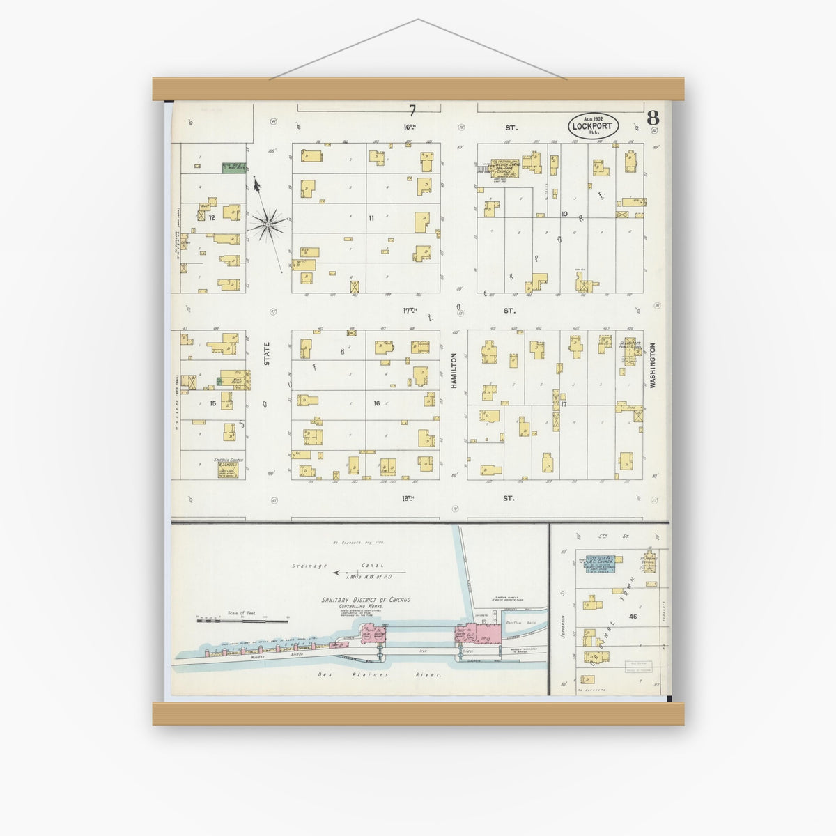 Old map wall art mockup — magnetic wood frame on white wall — Sanborn Fire Insurance Map from Lockport, Will County, Illinois (1902), Sheet #0008