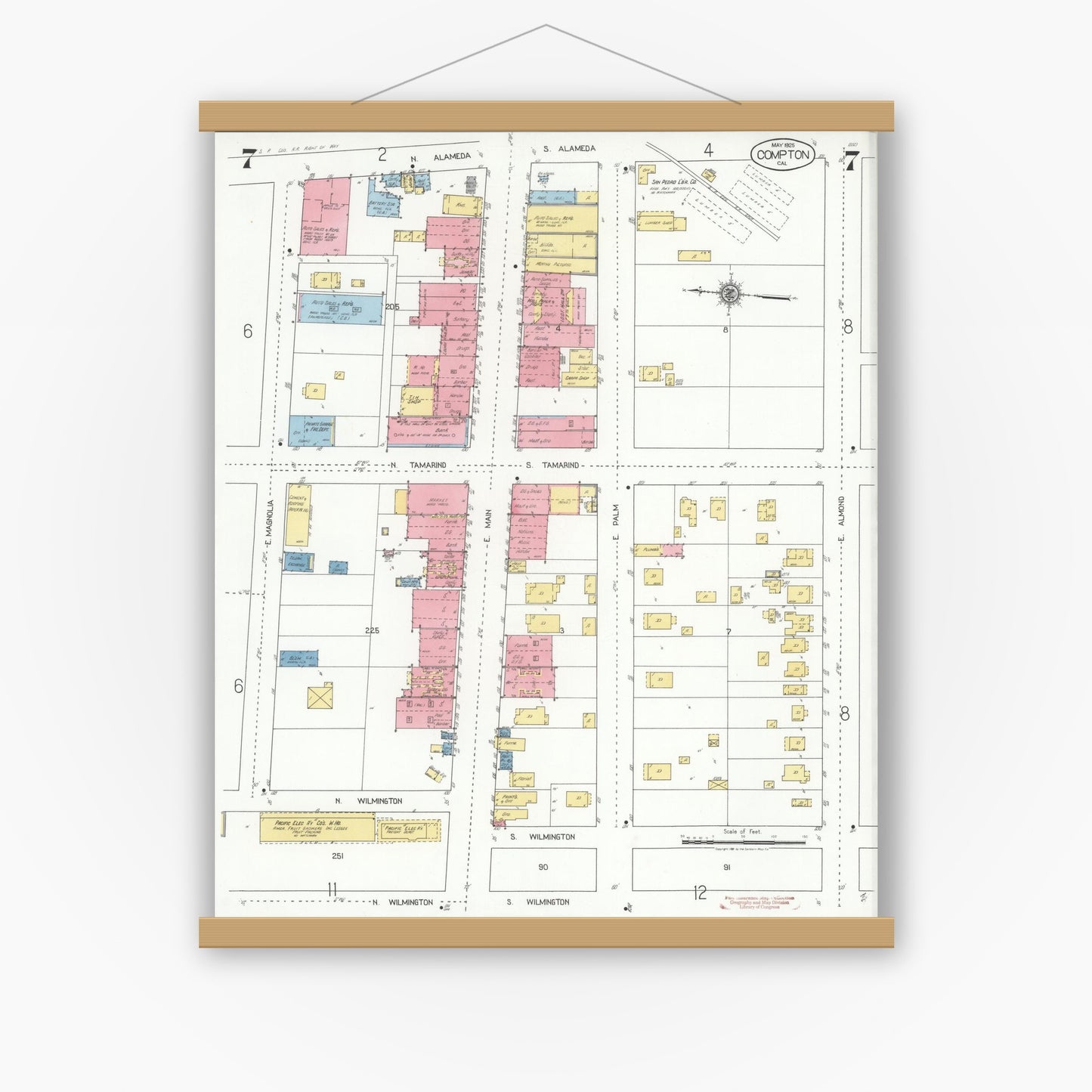 Old map wall art mockup — magnetic wood frame on white wall — Sanborn Fire Insurance Map from Compton, Los Angeles County, California (1925), Sheet #0007