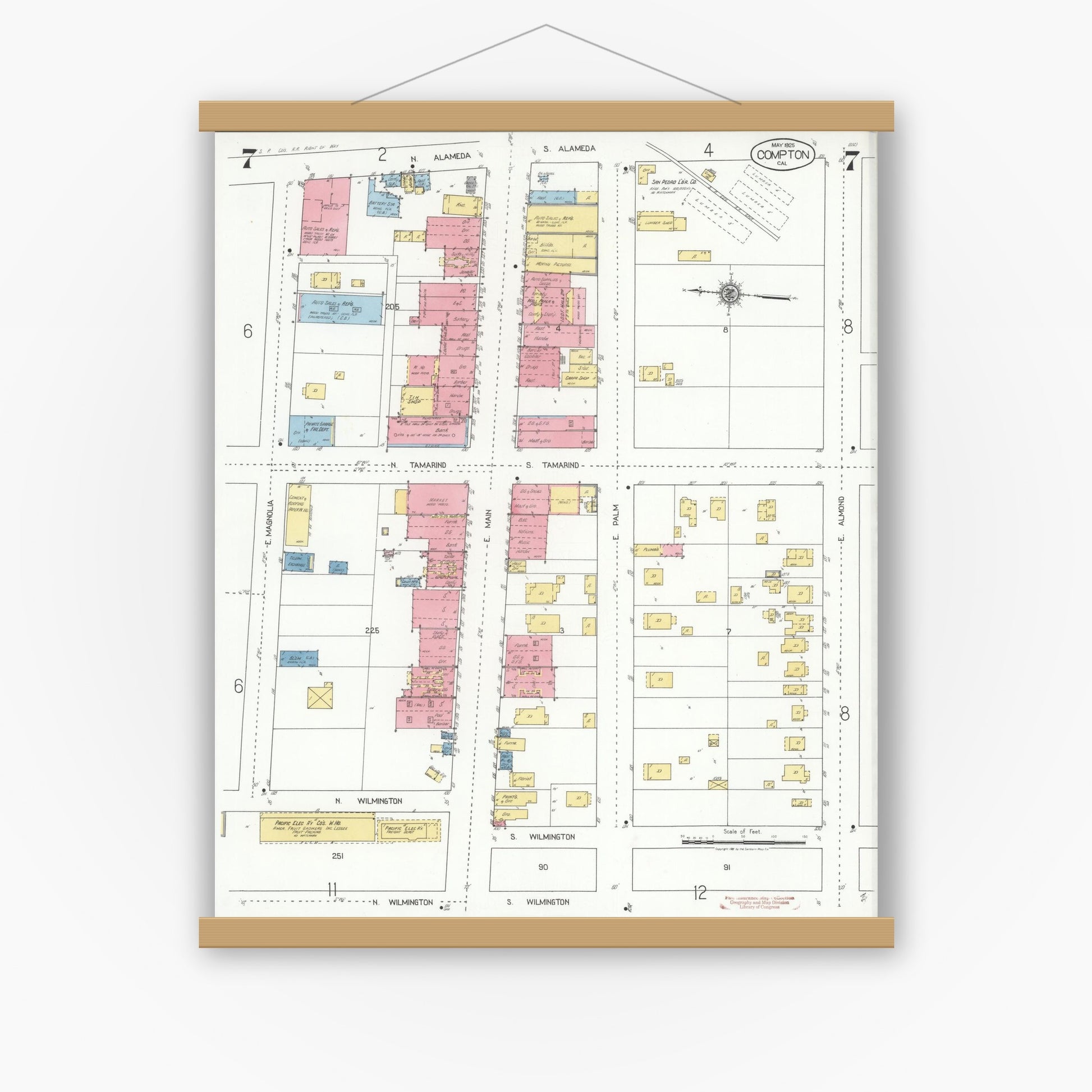 Old map wall art mockup — magnetic wood frame on white wall — Sanborn Fire Insurance Map from Compton, Los Angeles County, California (1925), Sheet #0007