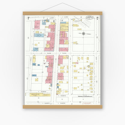 Old map wall art mockup — magnetic wood frame on white wall — Sanborn Fire Insurance Map from Compton, Los Angeles County, California (1925), Sheet #0007