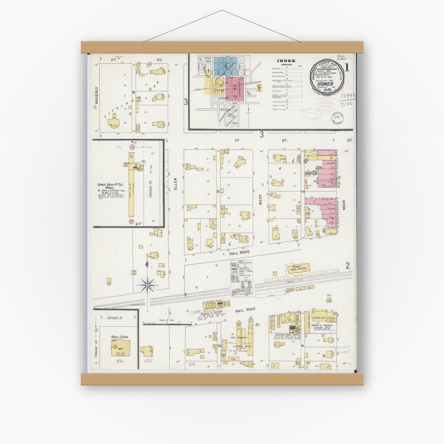 Old map wall art mockup — magnetic wood frame on white wall — Sanborn Fire Insurance Map from Homer, Champaign County, Illinois (1898) - Complete Map Set