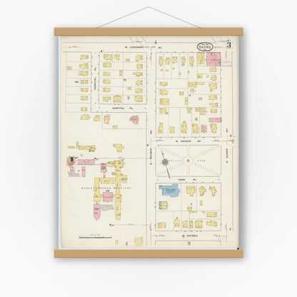 Old map wall art mockup — magnetic wood frame on white wall — Sanborn Fire Insurance Map from Sayre, Bradford County, Pennsylvania (1915), Sheet #0003
