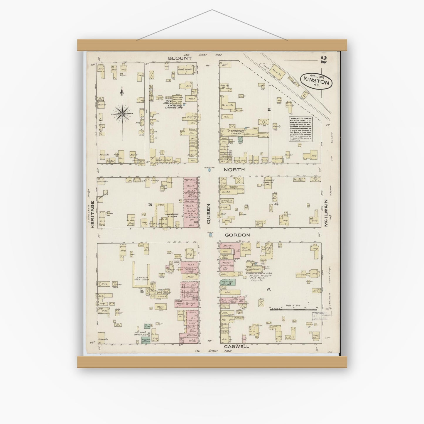 Old map wall art mockup — magnetic wood frame on white wall — Sanborn Fire Insurance Map from Kinston, Lenoir County, North Carolina (1885), Sheet #0002