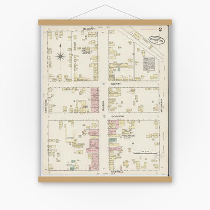 Old map wall art mockup — magnetic wood frame on white wall — Sanborn Fire Insurance Map from Kinston, Lenoir County, North Carolina (1885), Sheet #0002