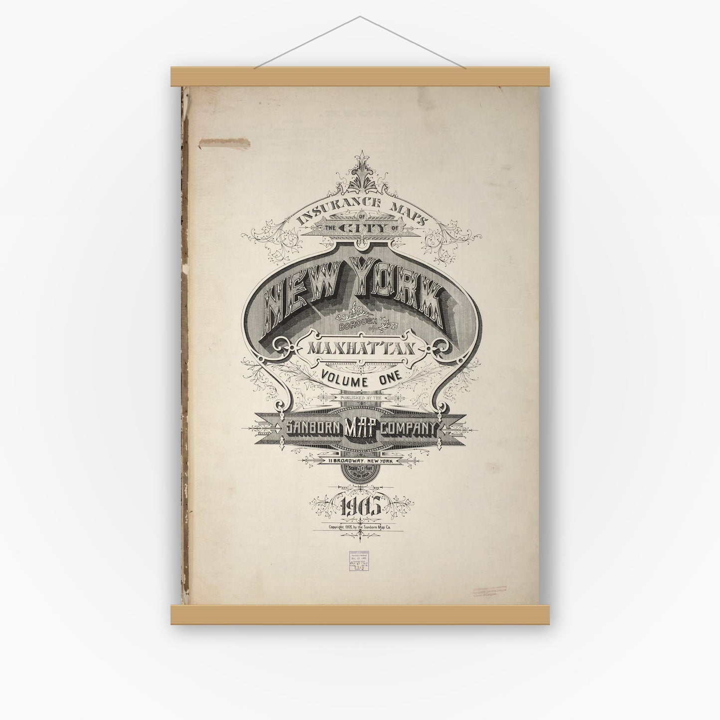 Old map wall art mockup — magnetic wood frame on white wall — Sanborn Fire Insurance Map from New York, Bronx, Manhattan, New York (1905), Sheet #0001
