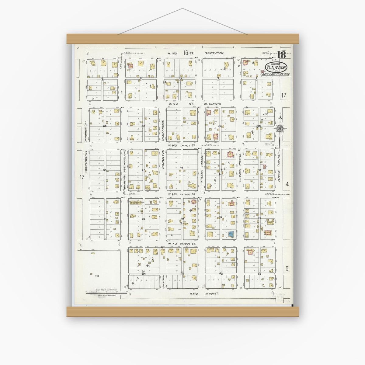 Old map wall art mockup — magnetic wood frame on white wall — Sanborn Fire Insurance Map from Plainview, Hale County, Texas (1921), Sheet #0018