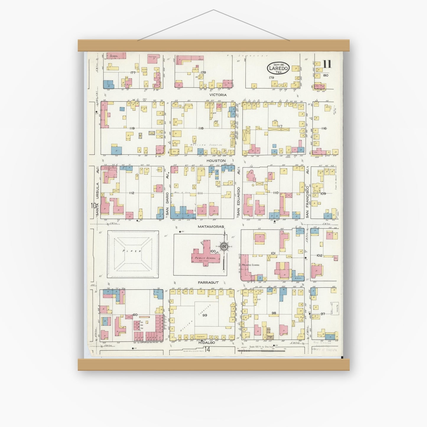 Old map wall art mockup — magnetic wood frame on white wall — Sanborn Fire Insurance Map from Laredo, Webb County, Texas (1916), Sheet #0011