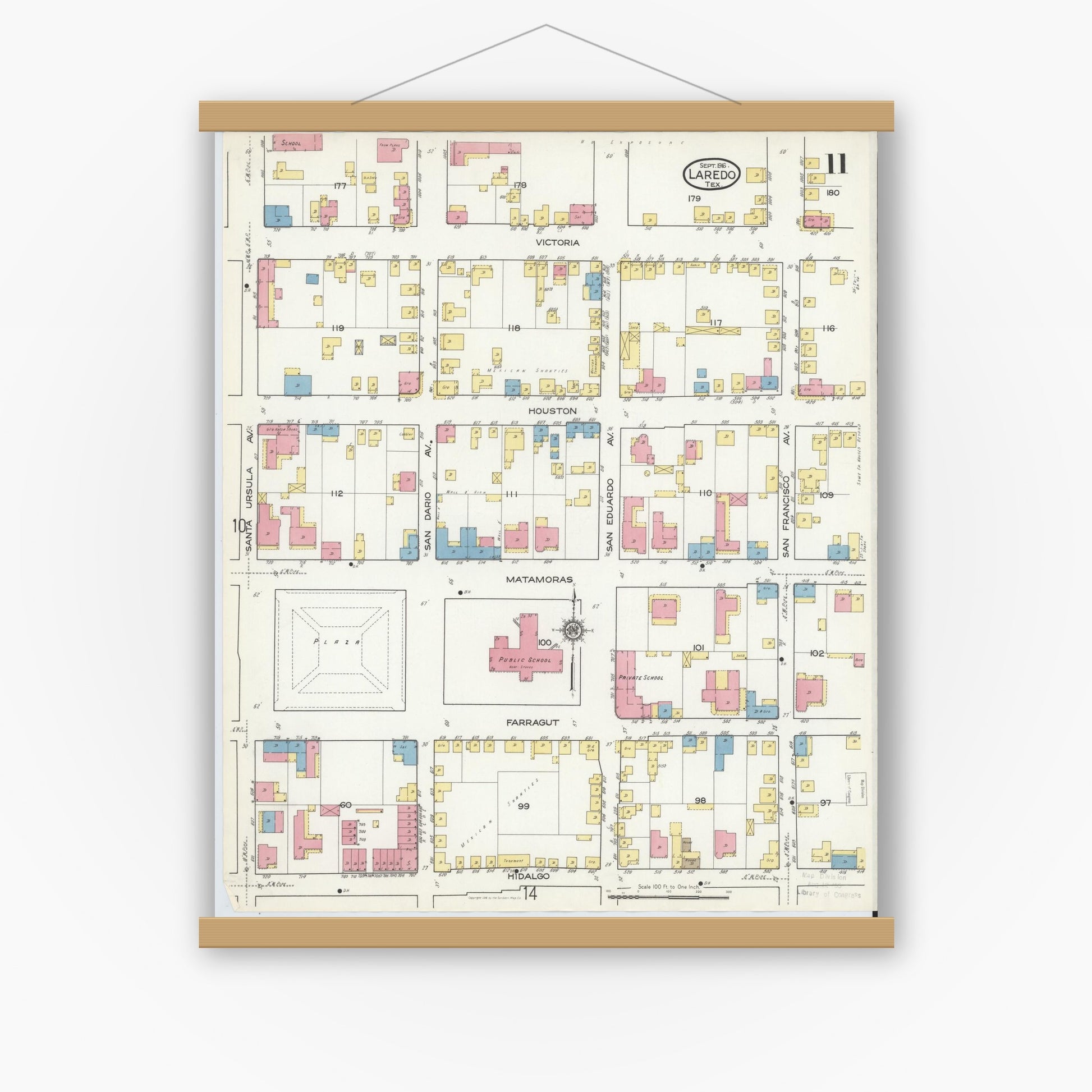 Old map wall art mockup — magnetic wood frame on white wall — Sanborn Fire Insurance Map from Laredo, Webb County, Texas (1916), Sheet #0011