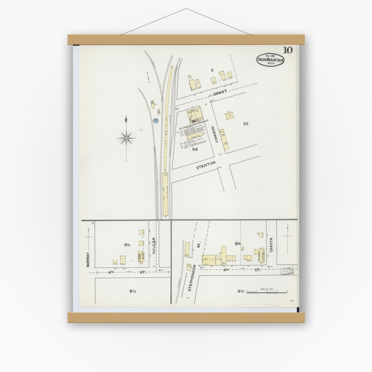 Old map wall art mockup — magnetic wood frame on white wall — Sanborn Fire Insurance Map from Iron Mountain, Dickinson County, Michigan (1891), Sheet #0010