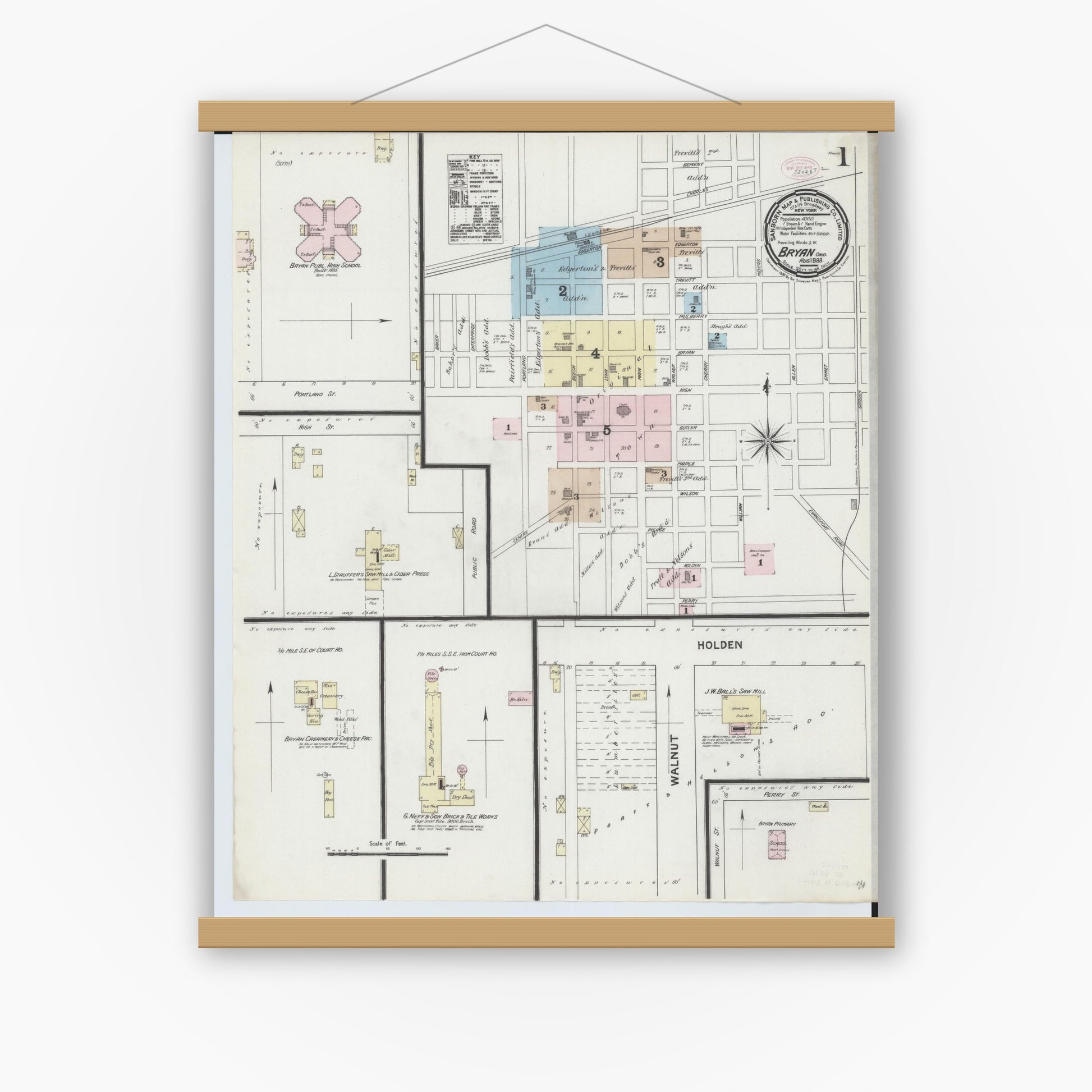 Old map wall art mockup — magnetic wood frame on white wall — Sanborn Fire Insurance Map from Bryan, Williams County, Ohio (1888), Sheet #0001