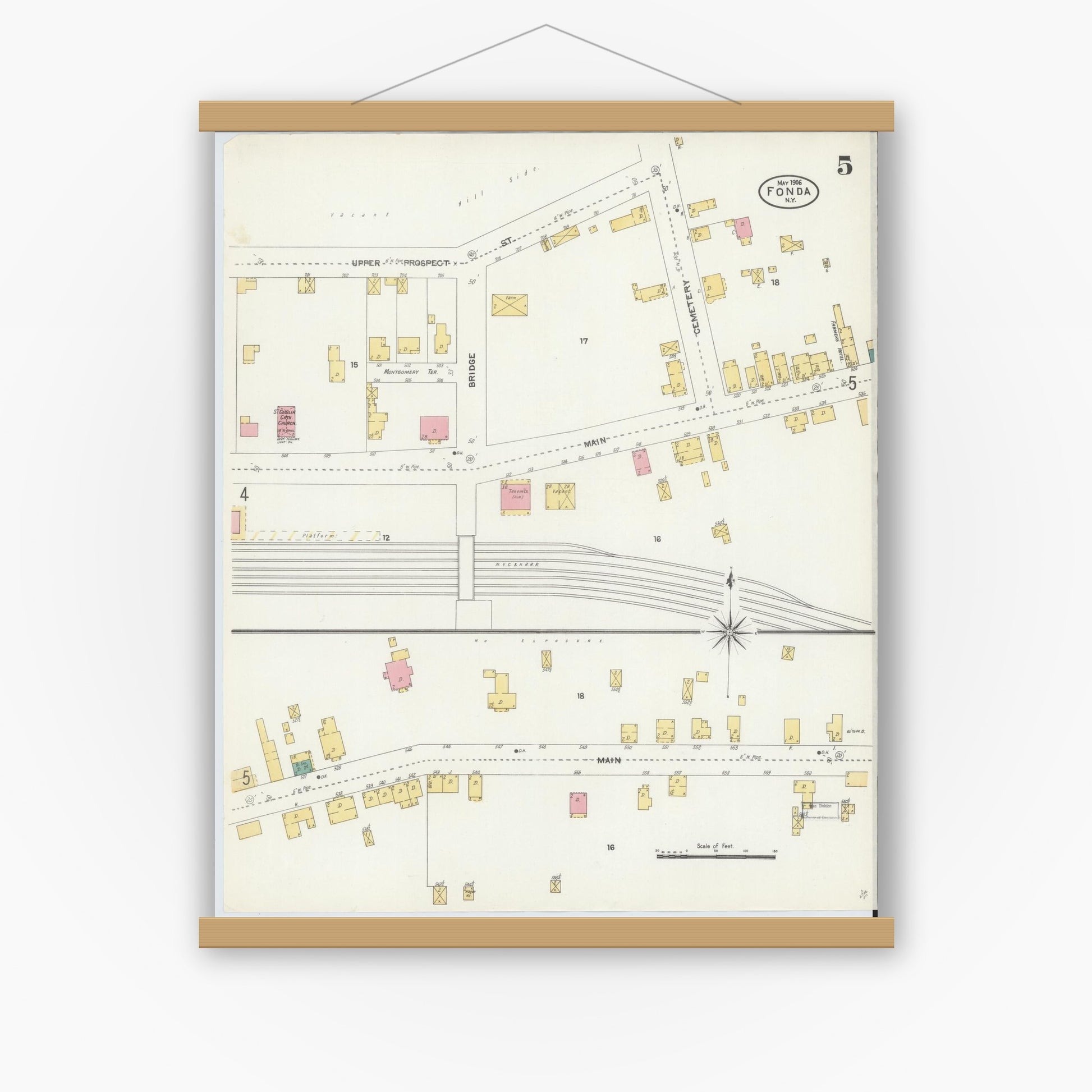 Old map wall art mockup — magnetic wood frame on white wall — Sanborn Fire Insurance Map from Fonda, Montgomery County, New York (1906), Sheet #0005