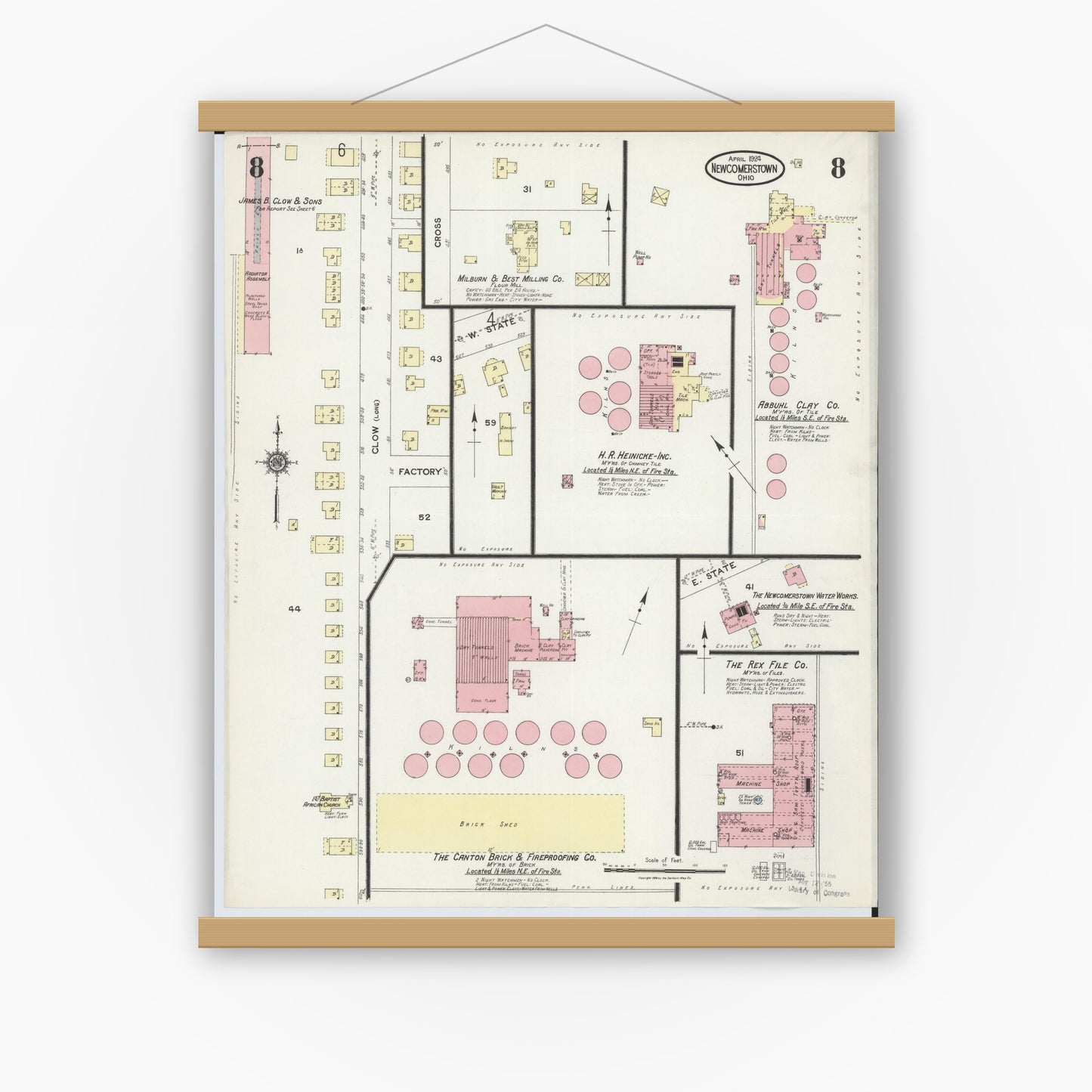 Old map wall art mockup — magnetic wood frame on white wall — Sanborn Fire Insurance Map from Newcomerstown, Tuscarawas County, Ohio (1924), Sheet #0008