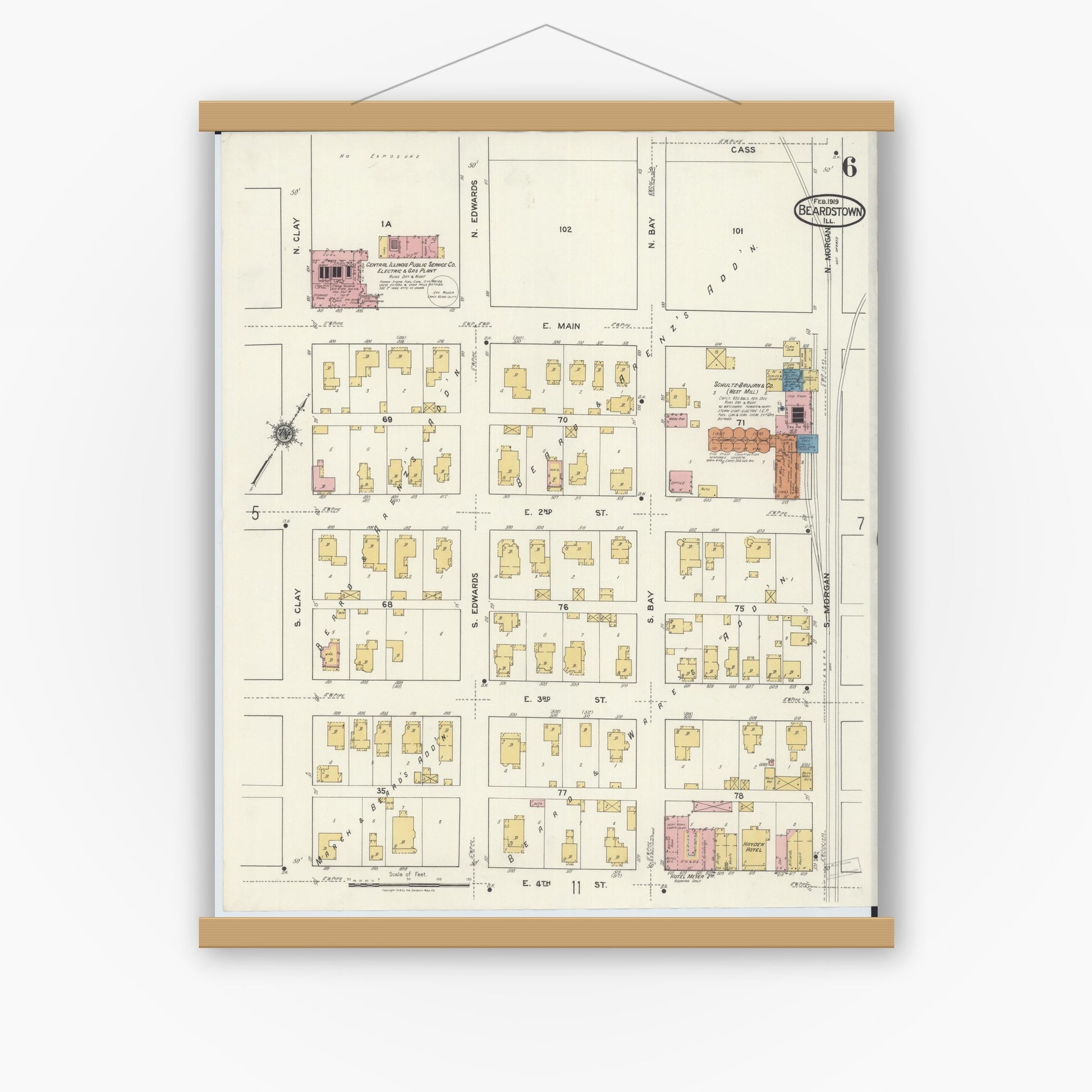 Old map wall art mockup — magnetic wood frame on white wall — Sanborn Fire Insurance Map from Beardstown, Cass County, Illinois (1919), Sheet #0006