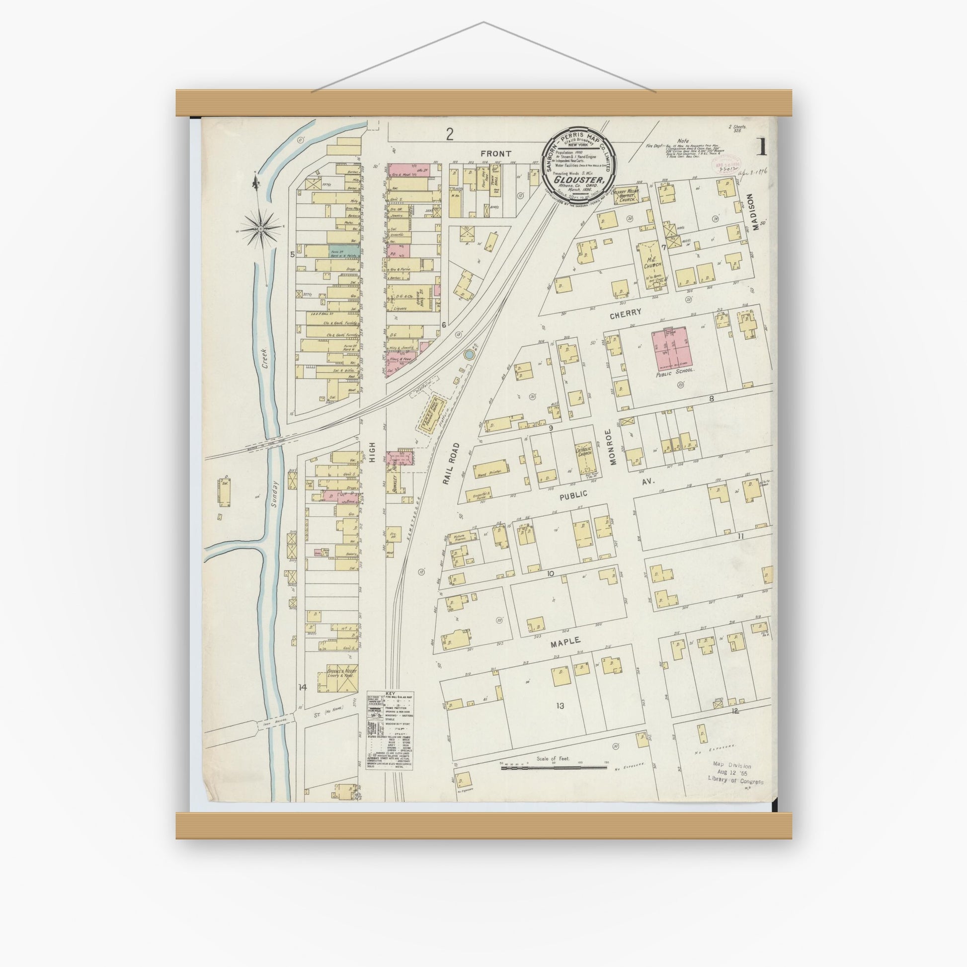 Old map wall art mockup — magnetic wood frame on white wall — Sanborn Fire Insurance Map from Glouster, Athens County, Ohio (1896), Sheet #0001