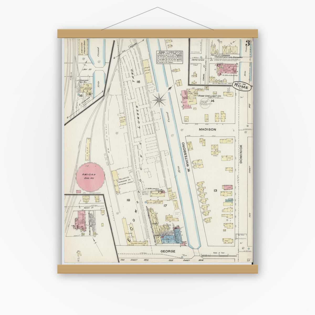 Old map wall art mockup — magnetic wood frame on white wall — Sanborn Fire Insurance Map from Rome, Oneida County, New York (1884), Sheet #0003