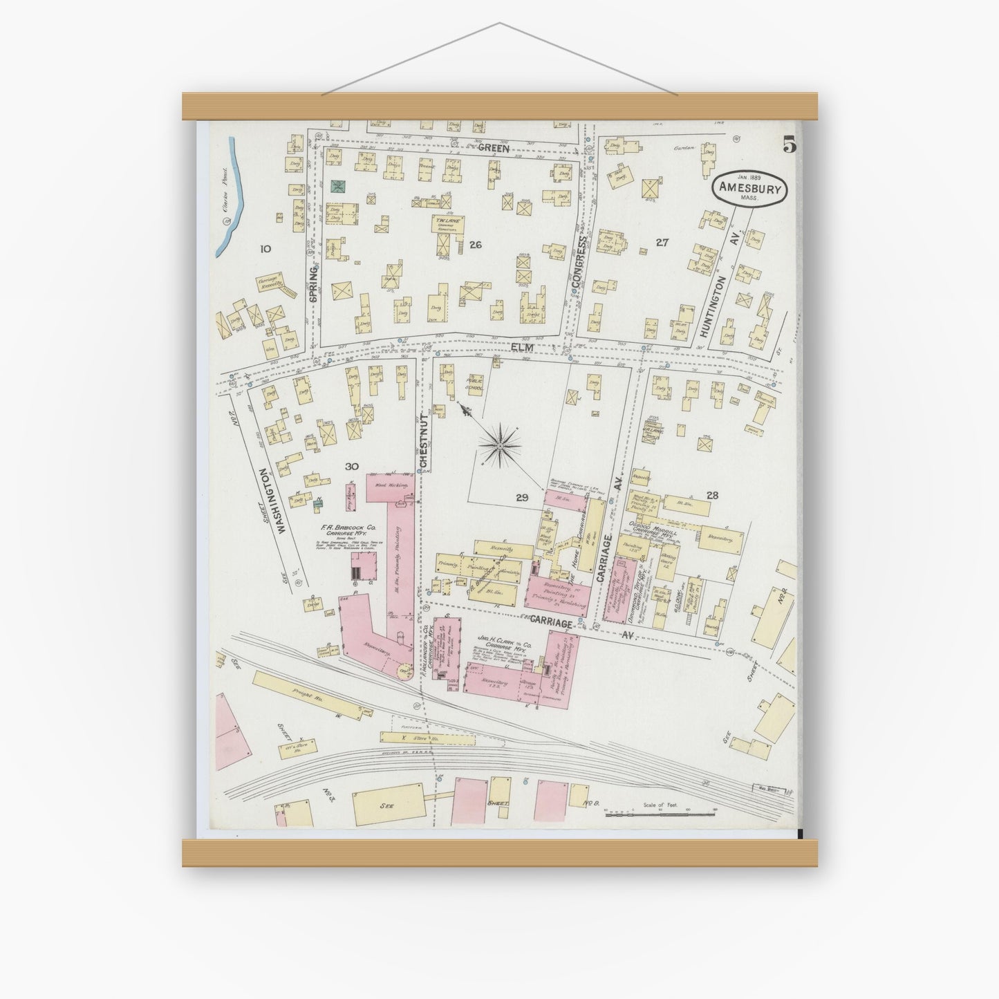 Old map wall art mockup — magnetic wood frame on white wall — Sanborn Fire Insurance Map from Amesbury, Essex County, Massachusetts (1889), Sheet #0005