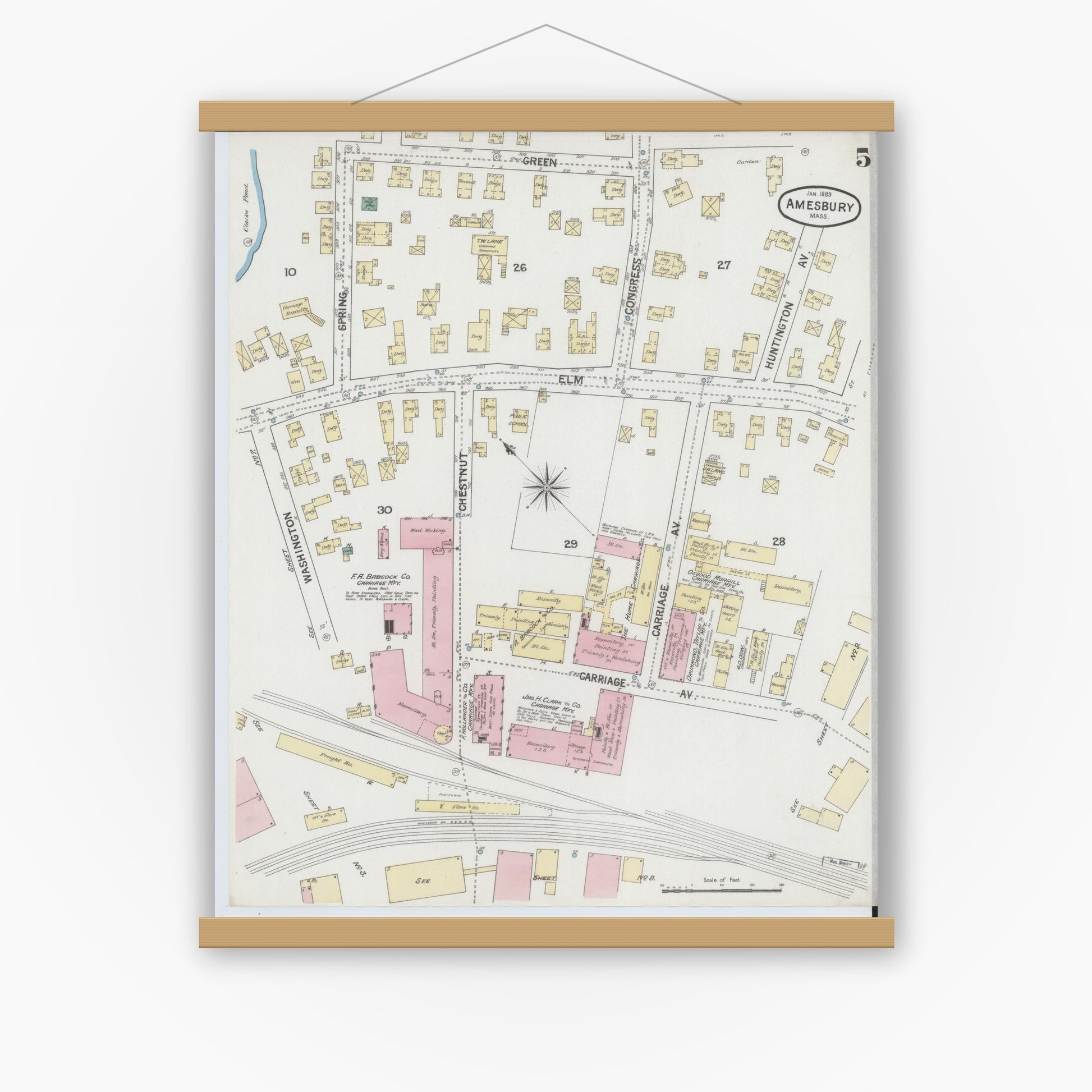 Old map wall art mockup — magnetic wood frame on white wall — Sanborn Fire Insurance Map from Amesbury, Essex County, Massachusetts (1889), Sheet #0005