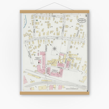 Old map wall art mockup — magnetic wood frame on white wall — Sanborn Fire Insurance Map from Amesbury, Essex County, Massachusetts (1889), Sheet #0005