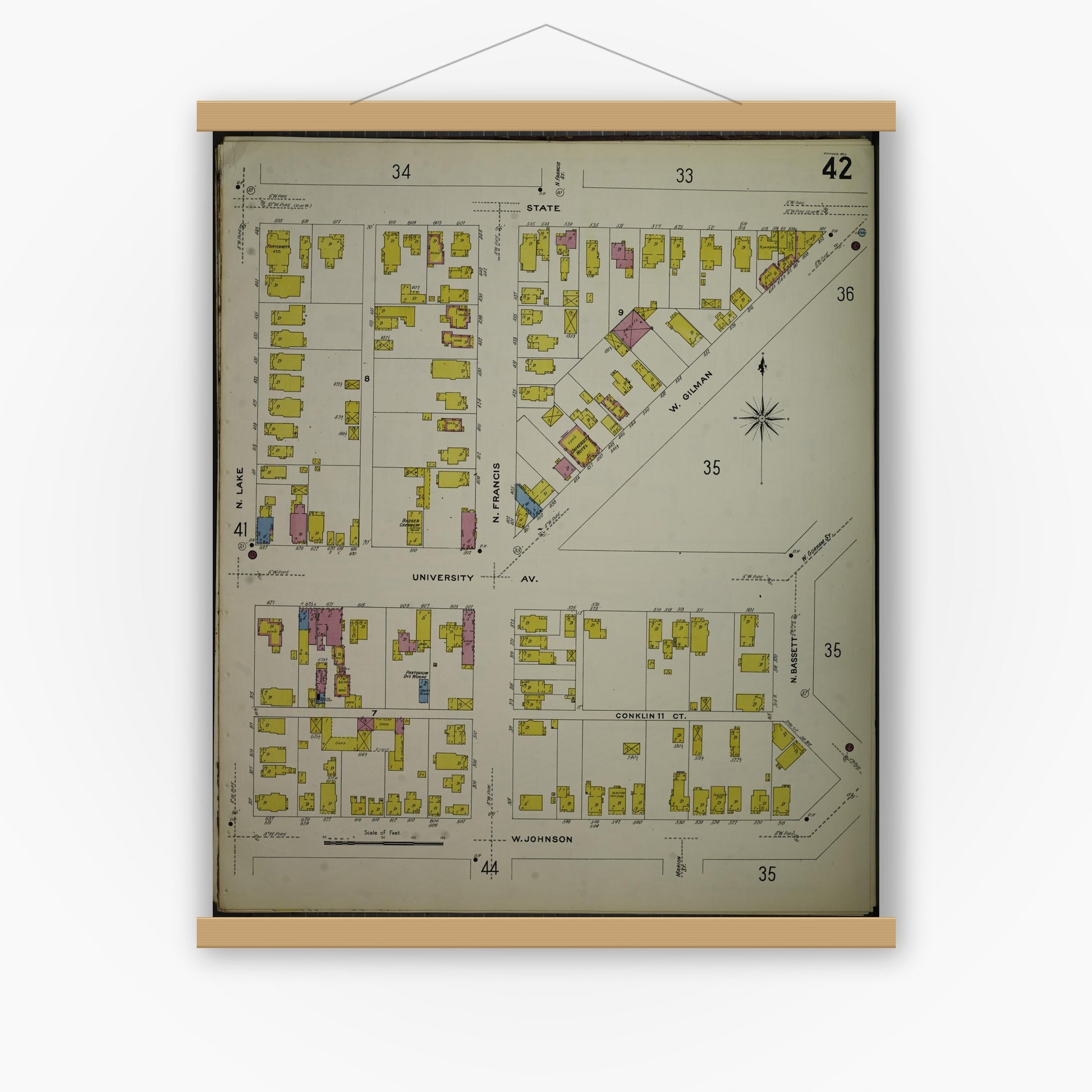 Old map wall art mockup — magnetic wood frame on white wall — Sanborn Fire Insurance Map from Madison, Dane County, Wisconsin (1908), Sheet #0042