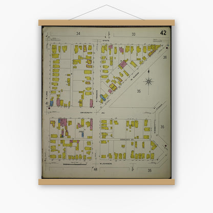 Old map wall art mockup — magnetic wood frame on white wall — Sanborn Fire Insurance Map from Madison, Dane County, Wisconsin (1908), Sheet #0042