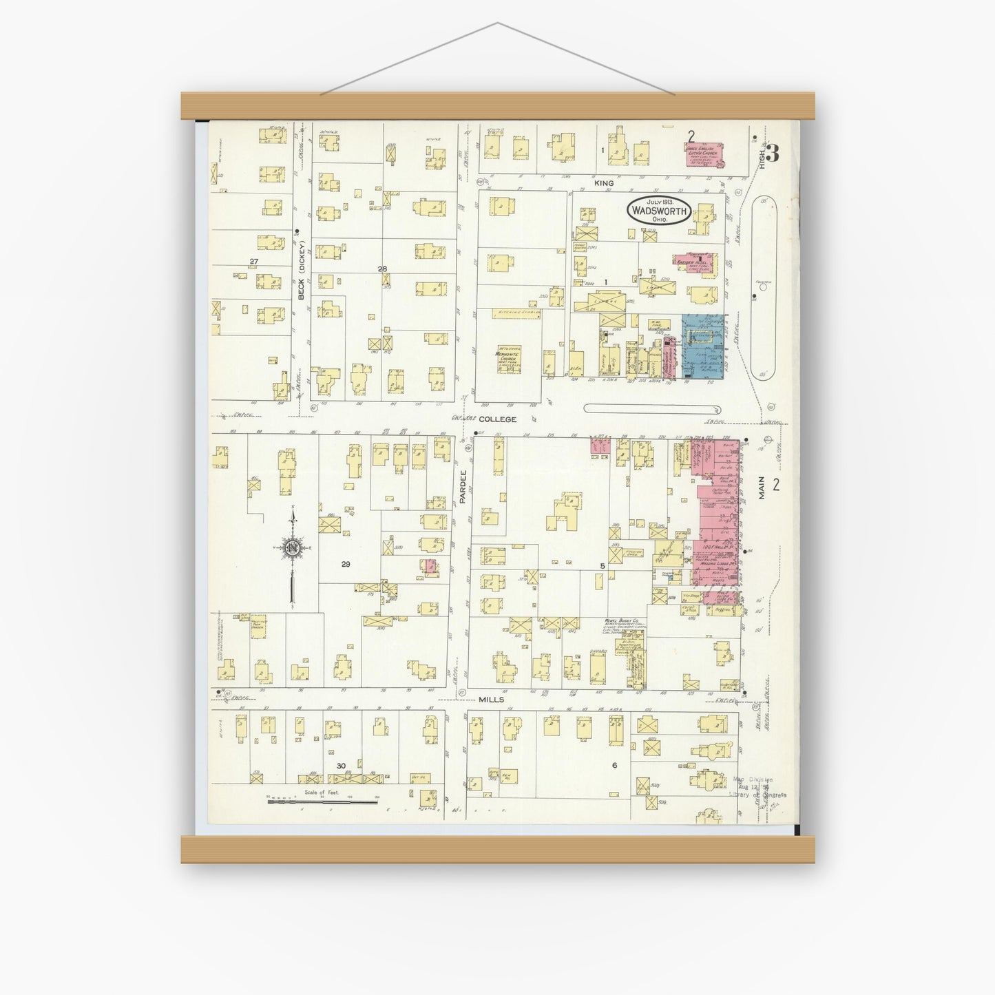 Old map wall art mockup — magnetic wood frame on white wall — Sanborn Fire Insurance Map from Wadsworth, Medina County, Ohio (1913), Sheet #0003