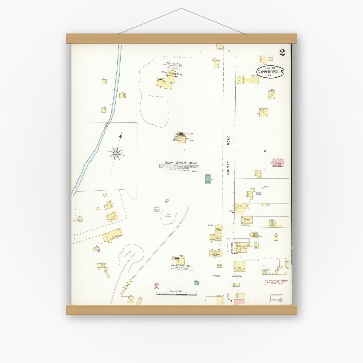 Old map wall art mockup — magnetic wood frame on white wall — Sanborn Fire Insurance Map from Copperopolis, Calaveras County, California (1895), Sheet #0002