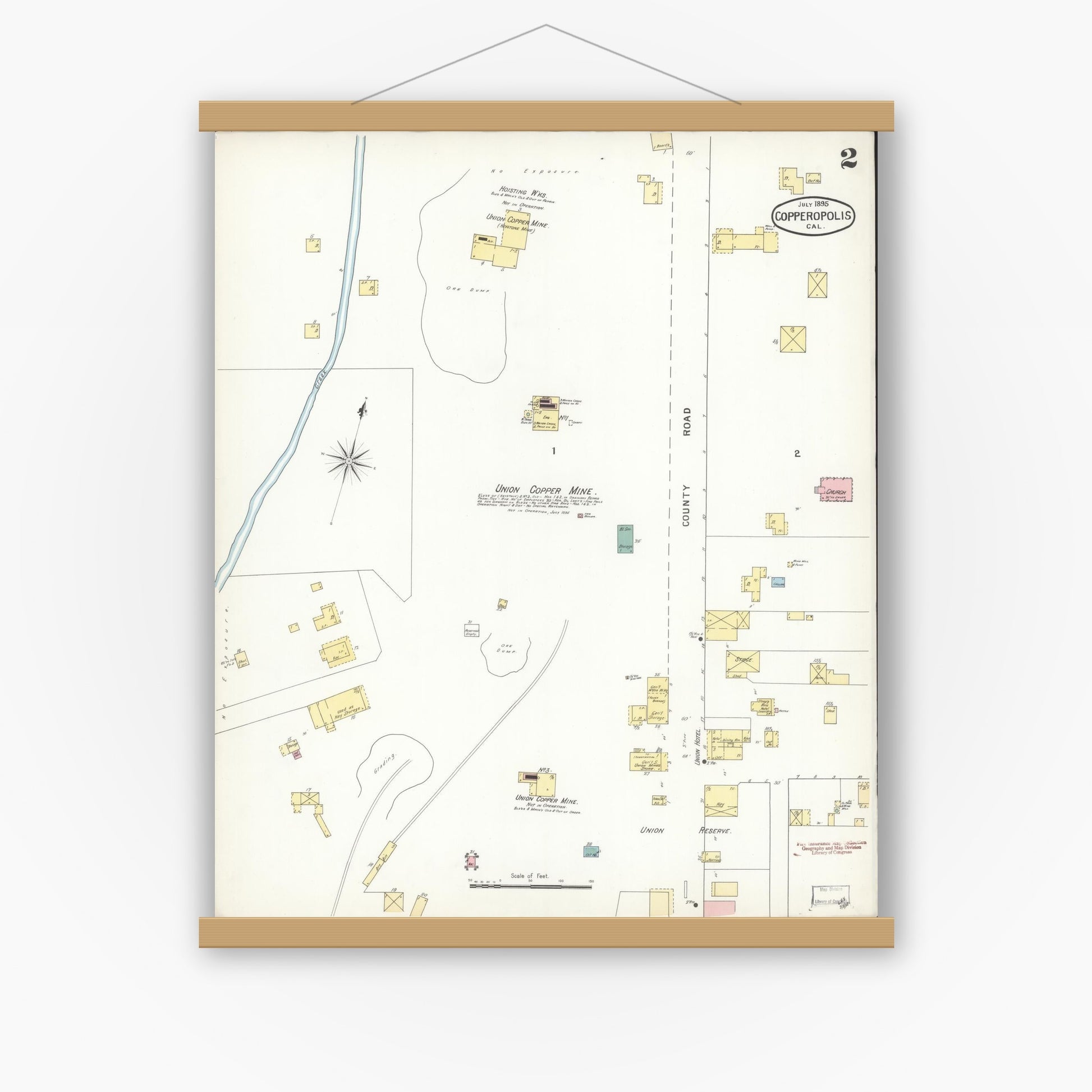 Old map wall art mockup — magnetic wood frame on white wall — Sanborn Fire Insurance Map from Copperopolis, Calaveras County, California (1895), Sheet #0002