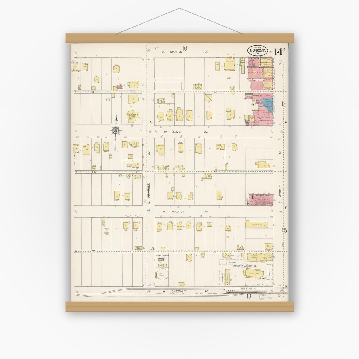 Old map wall art mockup — magnetic wood frame on white wall — Sanborn Fire Insurance Map from Monrovia, Los Angeles County, California (1913), Sheet #0014