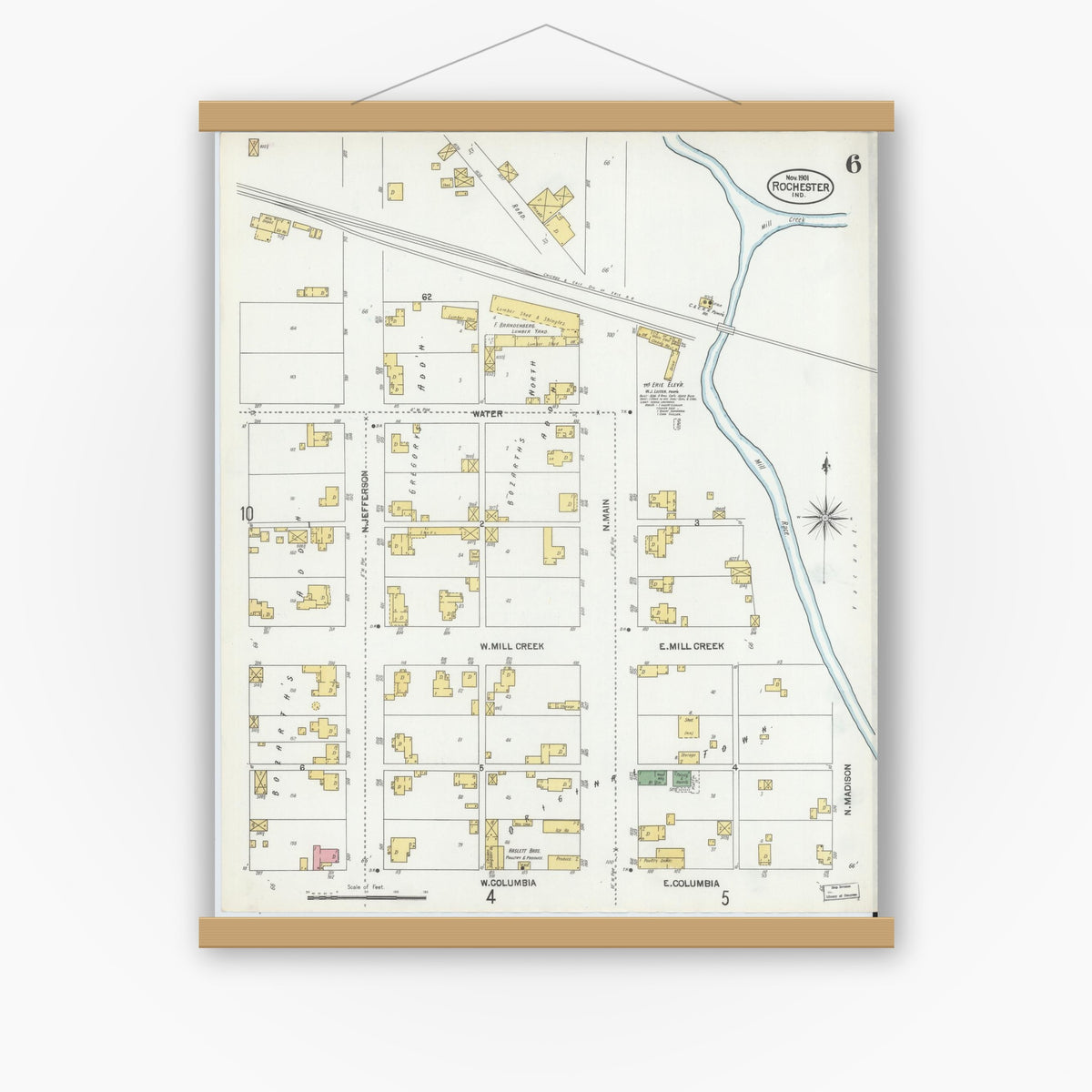 Old map wall art mockup — magnetic wood frame on white wall — Sanborn Fire Insurance Map from Rochester, Fulton County, Indiana (1901), Sheet #0006