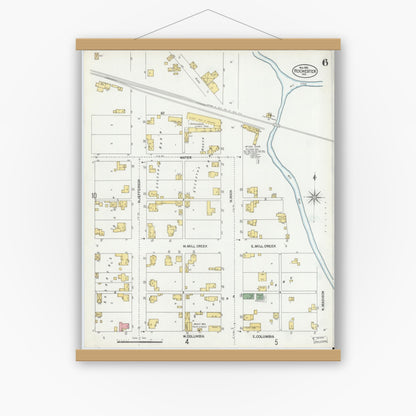 Old map wall art mockup — magnetic wood frame on white wall — Sanborn Fire Insurance Map from Rochester, Fulton County, Indiana (1901), Sheet #0006