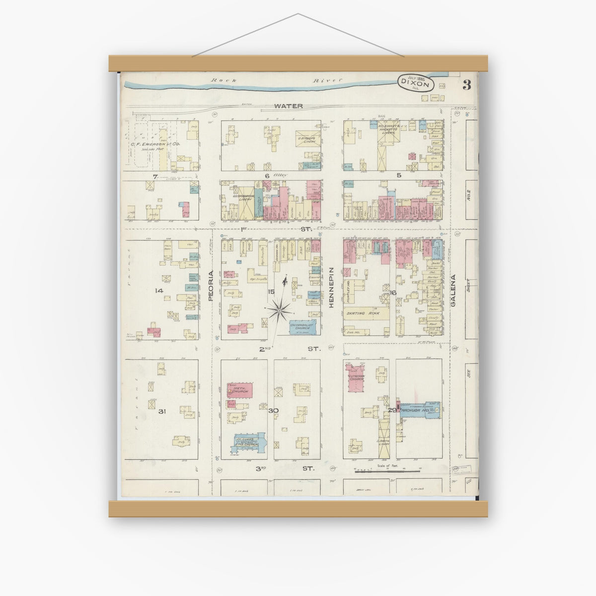 Old map wall art mockup — magnetic wood frame on white wall — Sanborn Fire Insurance Map from Dixon, Lee County, Illinois (1885), Sheet #0003