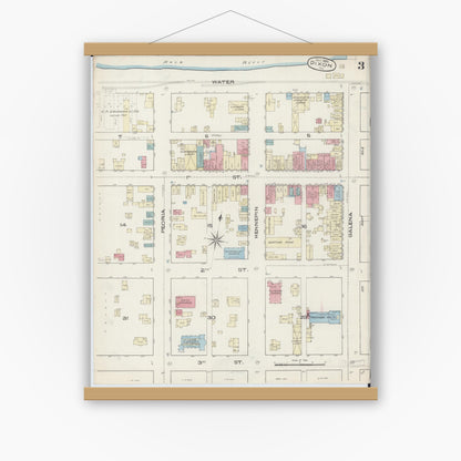 Old map wall art mockup — magnetic wood frame on white wall — Sanborn Fire Insurance Map from Dixon, Lee County, Illinois (1885), Sheet #0003