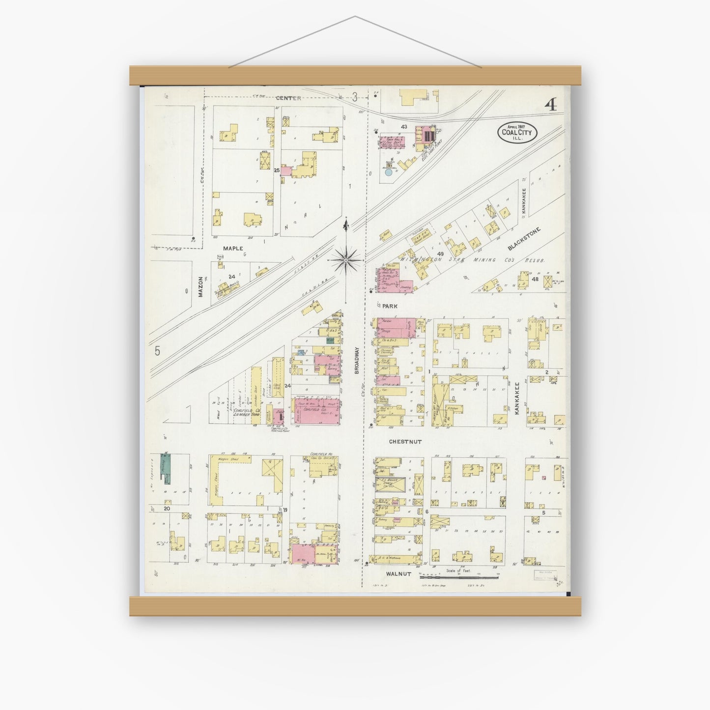Old map wall art mockup — magnetic wood frame on white wall — Sanborn Fire Insurance Map from Coal City, Grundy County, Illinois (1907), Sheet #0004