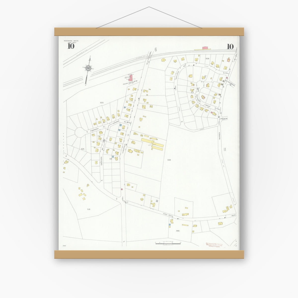 Old map wall art mockup — magnetic wood frame on white wall — Sanborn Fire Insurance Map from Needham, Norfolk County, Massachusetts (1937), Sheet #0010