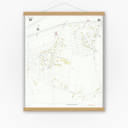 Old map wall art mockup — magnetic wood frame on white wall — Sanborn Fire Insurance Map from Needham, Norfolk County, Massachusetts (1937), Sheet #0010