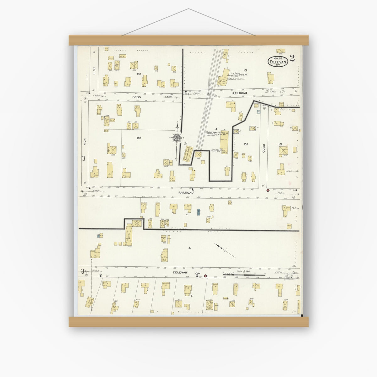 Old map wall art mockup — magnetic wood frame on white wall — Sanborn Fire Insurance Map from Delevan, Cattaraugus County, New York (1912), Sheet #0002